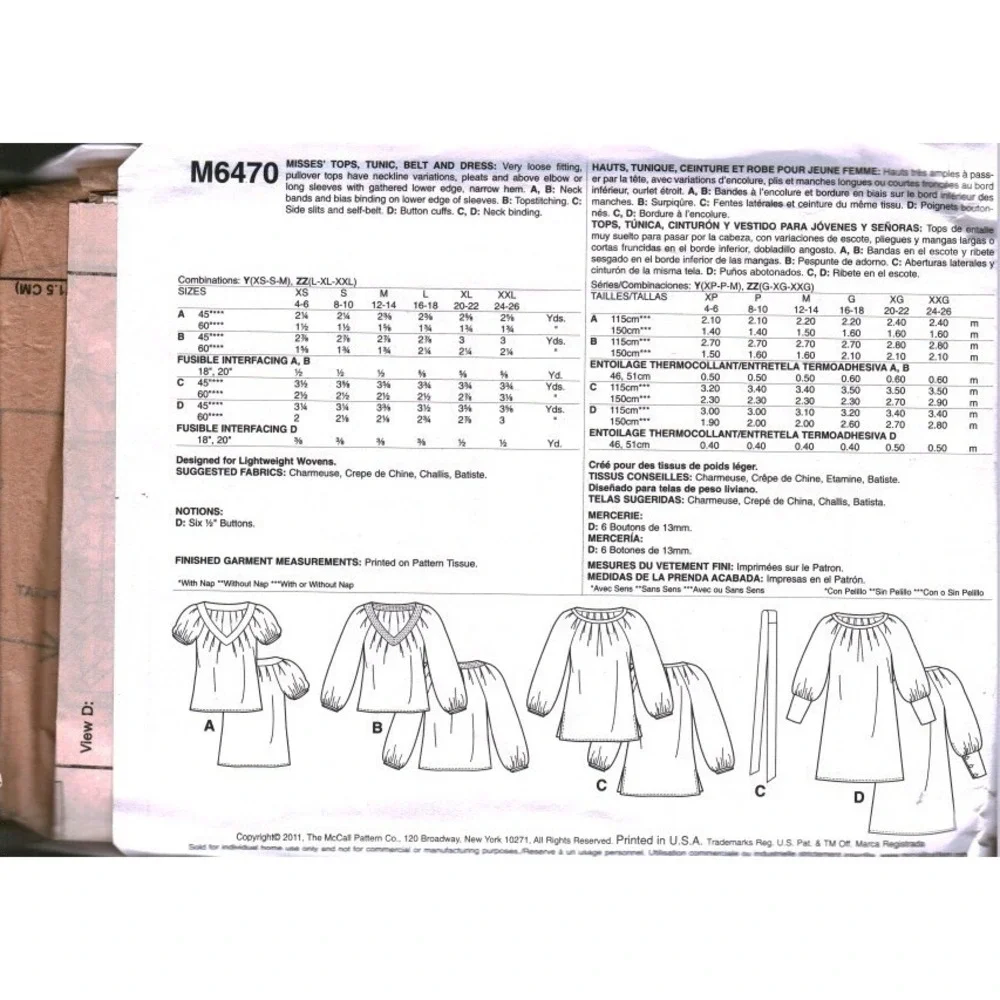 McCalls M6470 Sewing Pattern Misses Tops Tunic Dress Size ZZ L-XL Easy CUT